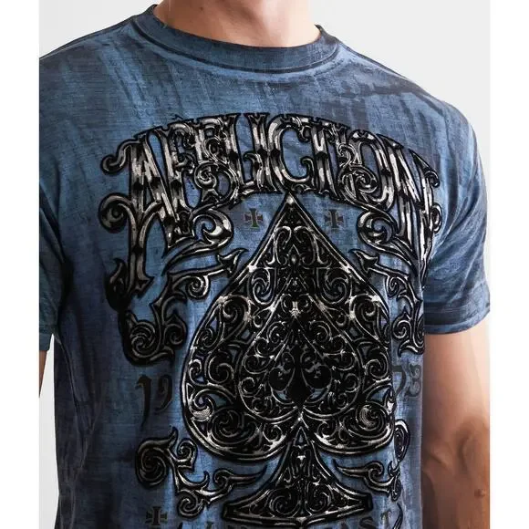 Affliction Clothing Men's T-Shirt Polaris Felt Graphic Blue/Black Dip Dye Tee - Picture 3 of 8